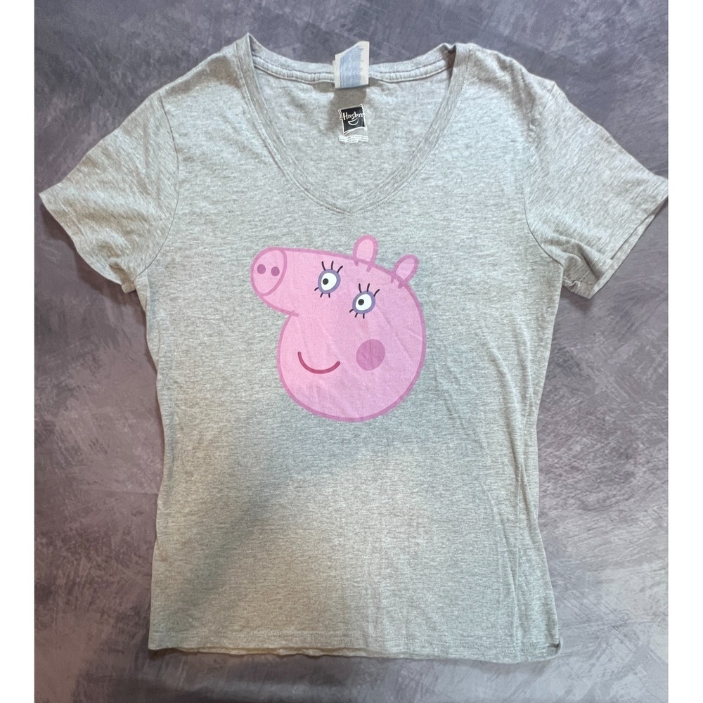 Port & Company Peppa Pig T-Shirt Womens S Gray Graphic V-Neck Short Sleeve Tee
